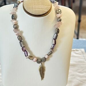 Freshwater Pearls Rose Quartz MOP Silver Tone Beads & Silver Tone Feather Charm